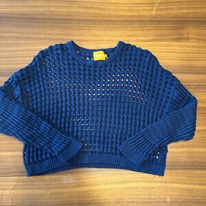 Wispr by Brodie Navy Blue Cotton Blend Cropped Boxy Fishnet Sweater, Size Medium